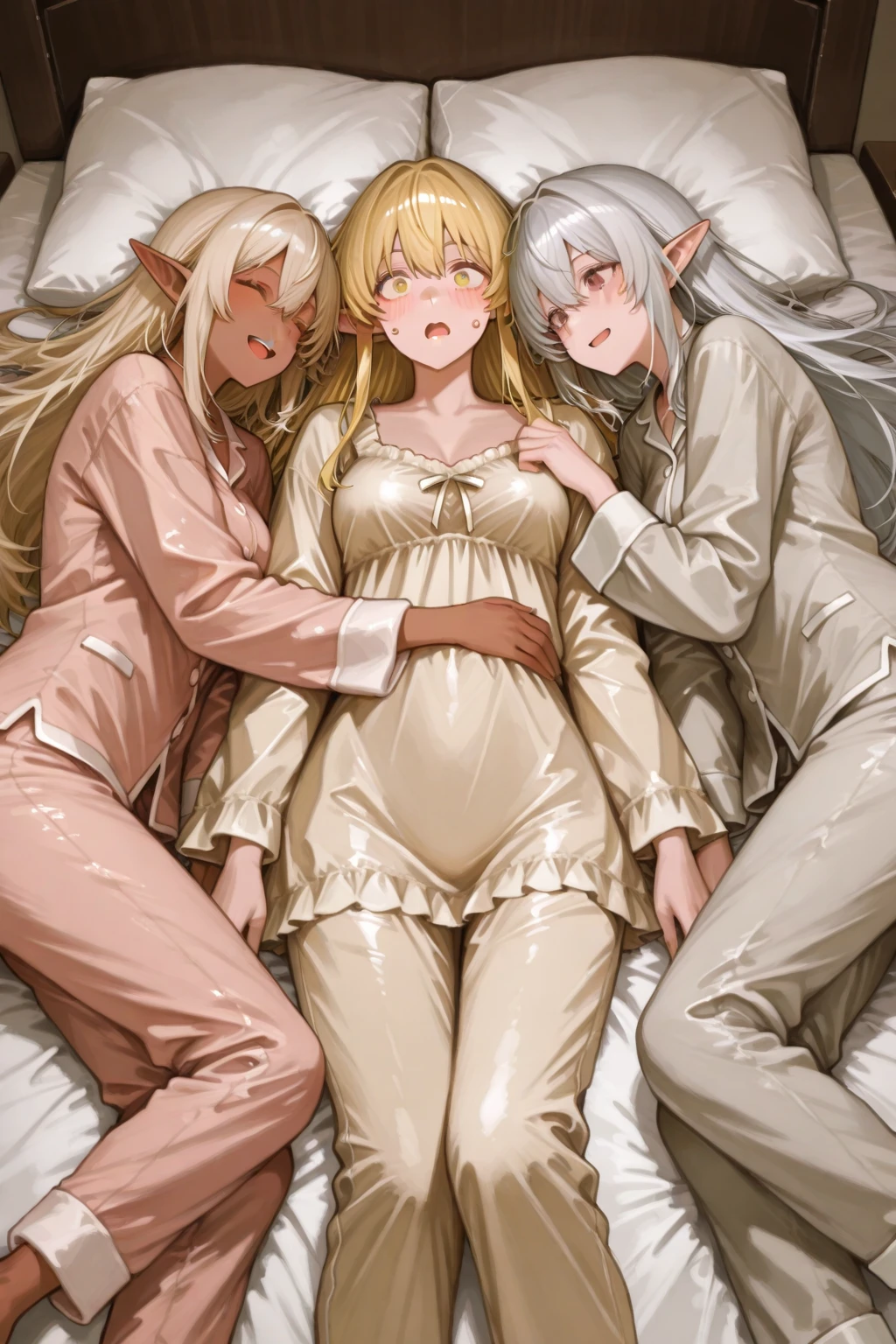 2 girls, naked, in bed, long brown hair, long blonde hair, smiling, bare feet, feet up, girls have penis, long feet, penis, squirting milk, small penis, penis in mouth, naked, dripping milk, pastel colors, cute