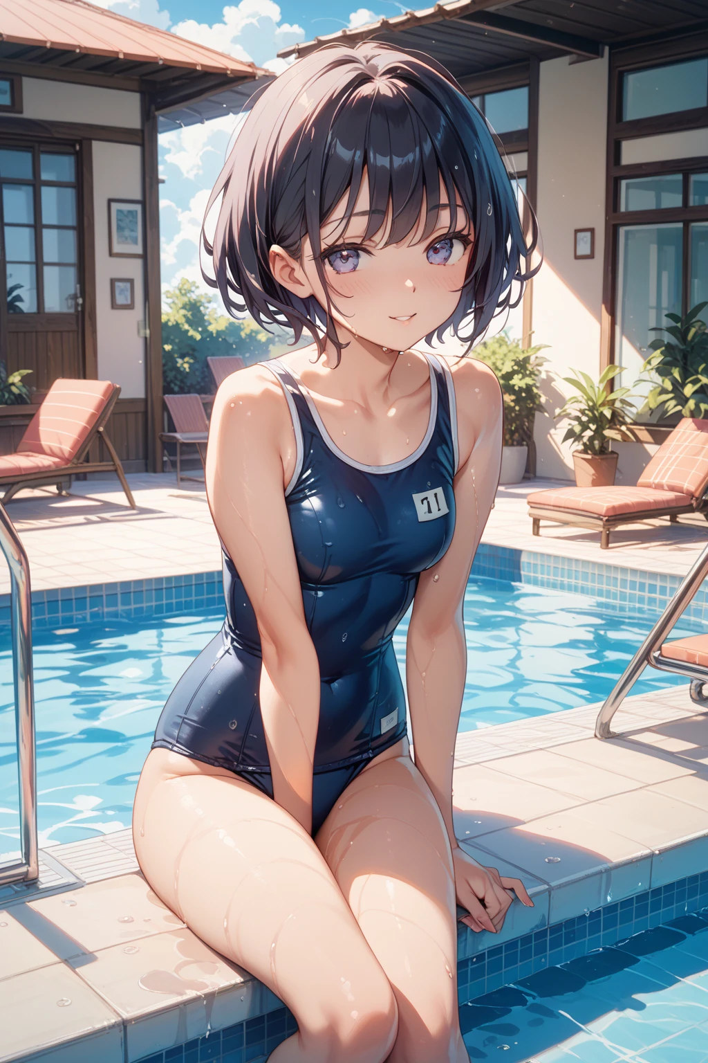 top-quality、Full limbs、complete fingers、Slender beauty、Bery short hair、knee high、white pink school swimsuit、Small eyes、Colored leaves
