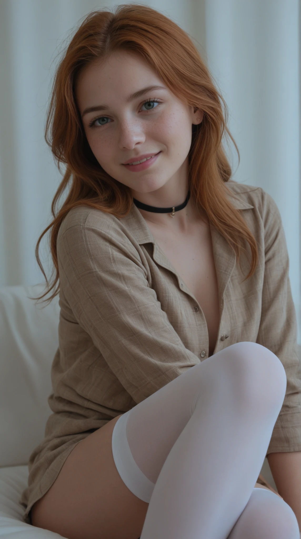 young girl, red-haired woman, blue eyes with light freckles on her cheeks, beautiful, he is wearing a transparent shirt. red stockings, big tits. is in a modernist living room. sits on a white minimalist armchair . Ultra-high resolution, (photorealistic: 1.4), high resolution, (brown eyes), (finely detailed skin), (perfectly proportioned) (photo realistic) (masterpiece) (photorealistic), ultrarealistic (Best Quality) (Detailed) photographed in a Canon EOS R5, 50mm Lens, F/2.8, (8K) (Wallpaper) (Natural lighting) (Convoluted) Fashion