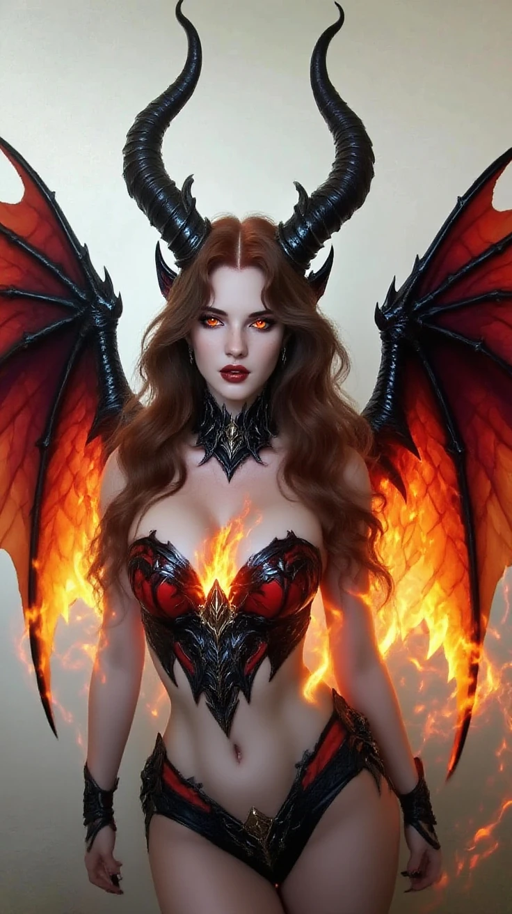 Enchanting female demon with obsidian black wings and fiery red hair, wearing a tattered, yet seductive outfit that seems to burn at the edges, her gaze intense and magnetic, set against a backdrop of a fiery abyss, with flames and smoke rising around her.