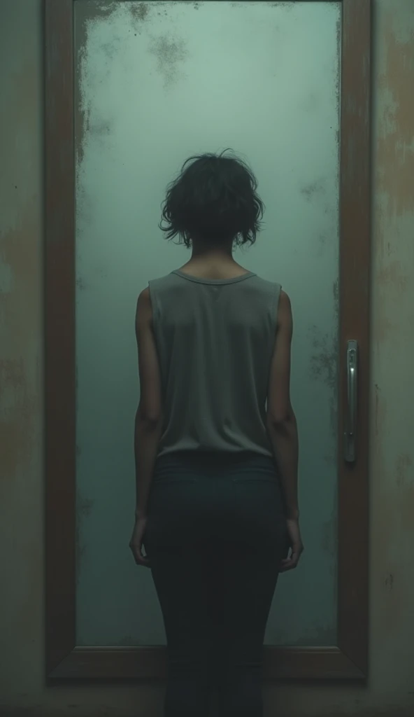 70s setting, grainy film, ultra-detailed, realistic, abstract, desperate tremor, sexual exhausted, hard breath, loosing control, hazy, sweat, desperation, soaked t-shirt, void, red lips, noir, messy sticky hair, bob cut, natural skin texture, from behind