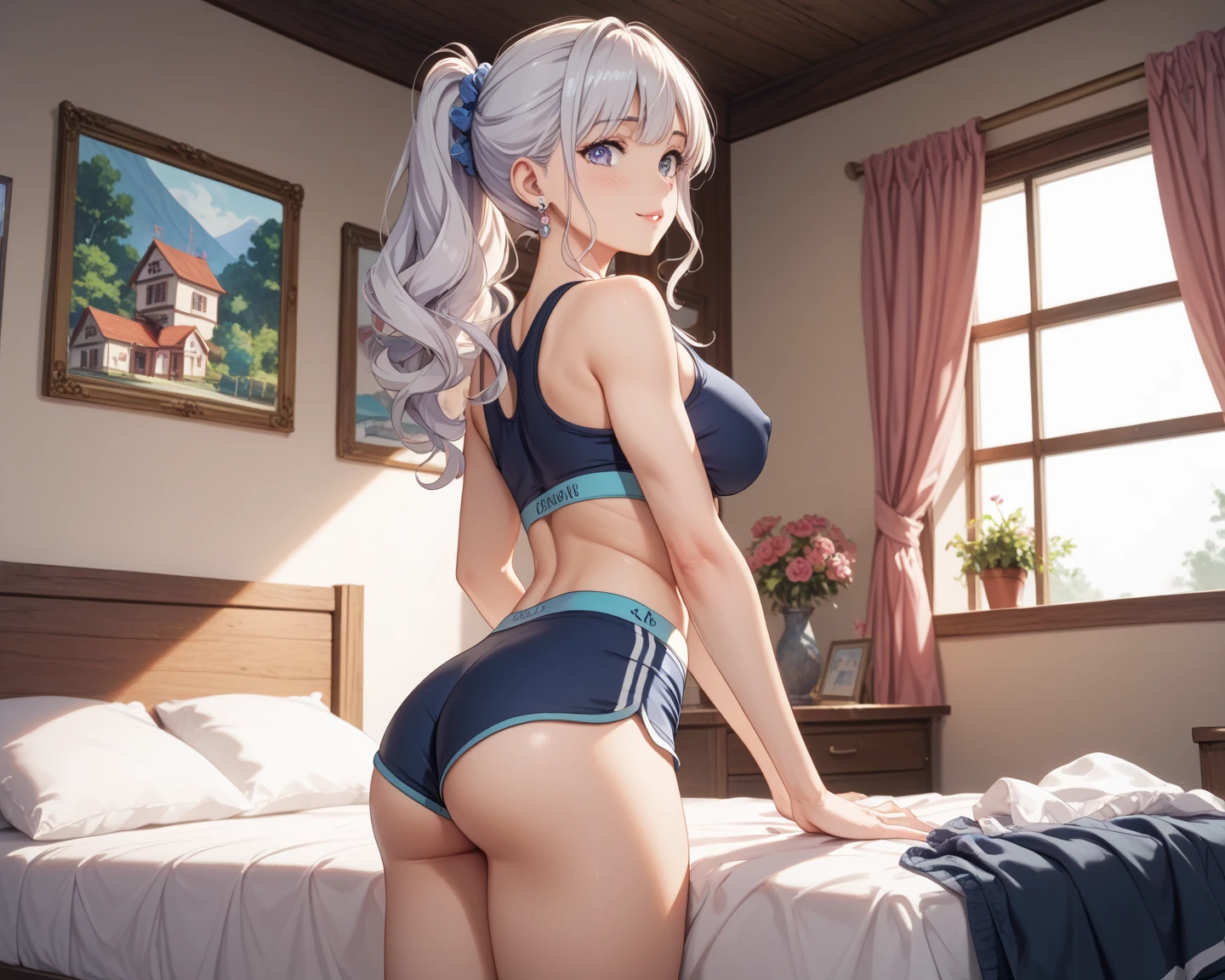 Rear view、Tank top、panties、Beautiful Girl Magician、silver hair upstyle、((whole body))、(((photo taken from below)))、room