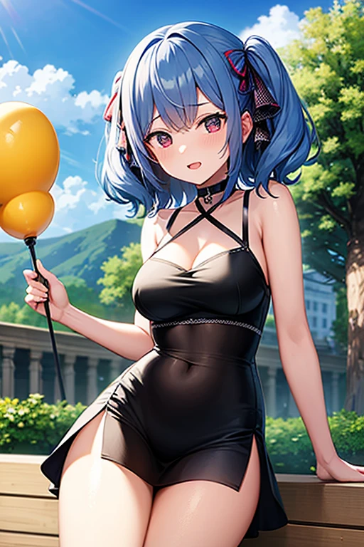 1girl, (petite), ((petite)), huge breasts, breasts, thick thighs, wide hips, purple eyes, very short hair, smile, happy, light blue hair, sky blue hair, bunnysuit, black leotard, leotard, red bowtie, bowtie, pantyhose, black oantyhose, bunny ears, rabbit ears, animal ear fluff, thigh strap