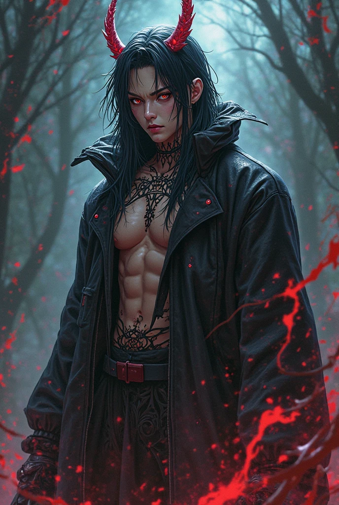 (Mindfuck art design, masterpiece, ultra detailed 4k high resolution HD, fan art,) A pale man, white darkness man vampire, vampire tooth visible, all this body straight, long hair, red eyes, with a vampire pant, in the forest on the moonlight, dark horror, dark fantasy, blood everywhere, lugubrious, disaster recovery heal. Look like the one, the only last vampire, very strong, weapon from future, long knife like sword, mysterious, strange, mystical, powerful and amazing. Very dark picture. 