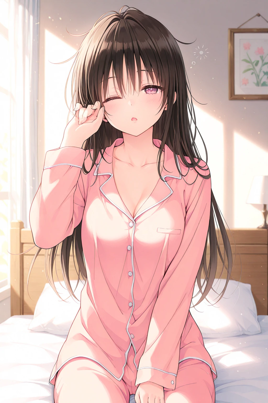 1girl,perfect ,black hair, long hair, (hair over one eye:1.4), messy hair, hair between eyes, chubby,sucking her own nipple, busty breast, cute motif pajama, cute shy blush on , bedroom