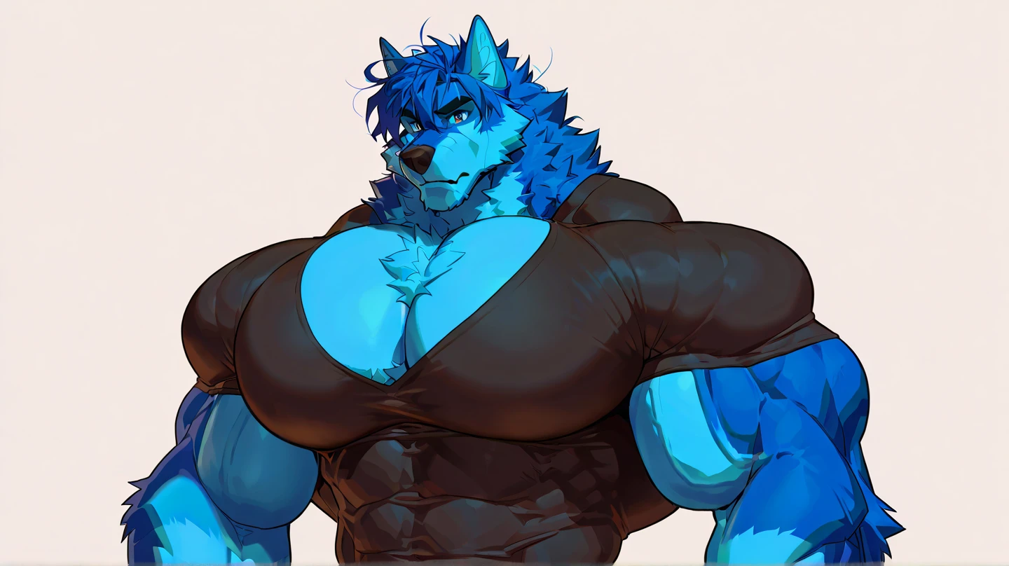 Cat girl, female, extremely muscular, giant breasts, ginormous hips, dominant, smirk, blue eyes, looking down, flexing one arm, living room, ginormous bulge, baggy shirt, black fur, baggy sweat pants, thick body, 8 pack abs