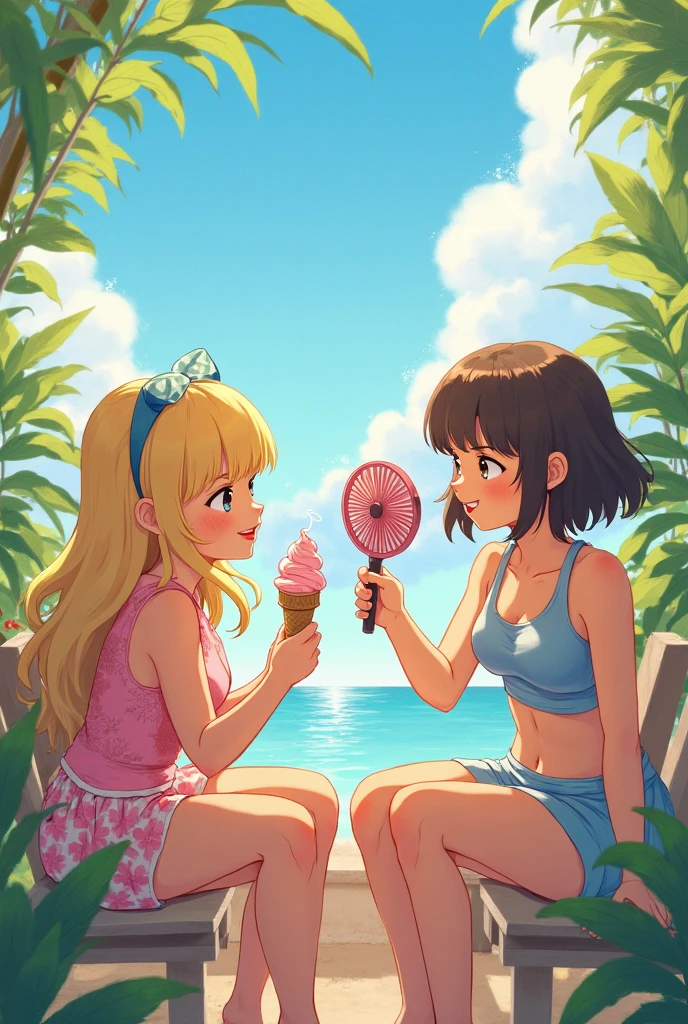 Girls,sitting on the sand, beach clothes, lots of people,Eating ice cream, beach background,Ultra HD 8k quality