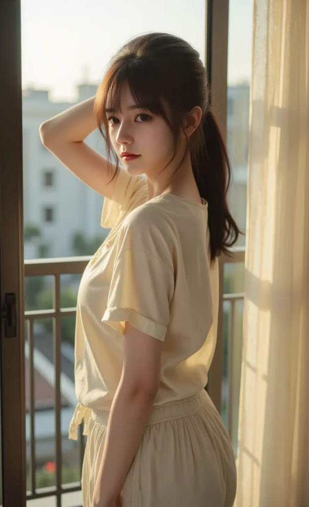 Tied up woman、(((Put your hands behind your back、Cross your wrists)))、(Tie your wrists with a rope)、beauty、Well-formed face、Shiny long black hair、Even out the eyes、Inside the hotel room、Please show me your whole body、White short sleeve shirt、Navy Semi-Long Skirt、Panty lines、Wear pumps、sitting on the floor by the window、Age 25、Medium、Like a real photo、Highest quality, Light brown hair, Straight hair, Shiny Hair, Part your lips, Captivating smile, Surrealism, Hyperrealism, Verism, Cinema Lighting, tachi-e, First Person View, Nikon, 超High resolution, Anatomically correct hand, Highest quality, High resolution, 8K,