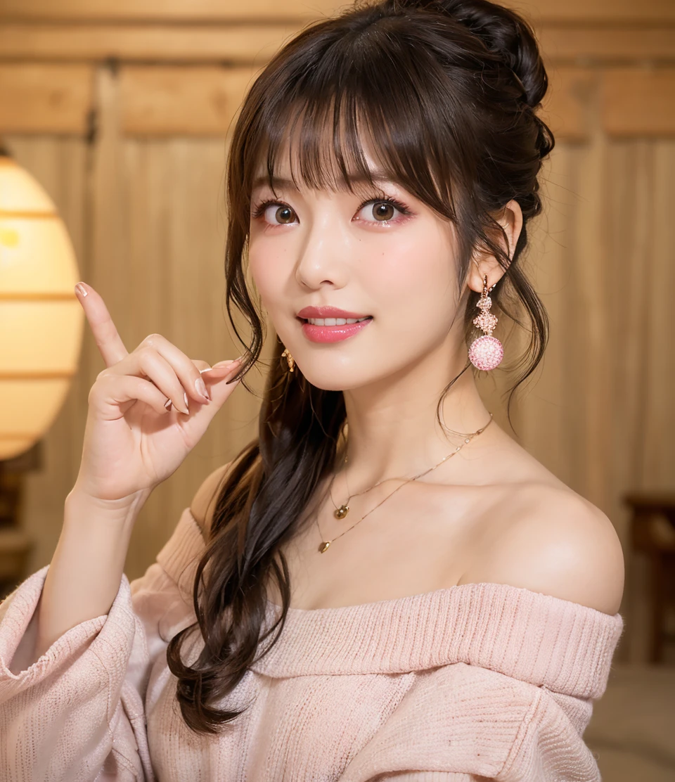 Family restaurant parking lot, full-time housewife, ((full body)), ((photo)), ((best qualtiy, 8K, tmasterpiece:1.3)), Focus:1.2, perfect figure beautiful girl:1.4, 1girl, cowboy shot, look at viewer, incredibly absurd, beautiful and cute girl with a photorealistic face, showcasing top-quality craftsmanship, Japanese woman eating at a family restaurant, 21 years old, medium-long brown hair, parted in the middle with curls at the ends, bangs cut above the eyes, naturally rounded hairline, large chocolate brown eyes, long eyelashes, pinky lips, slightly high nose, oval face, fine skin, plump cheeks, soft chin, gentle smile, glamorous, fair skin, large buttocks, beautiful D-cup breasts, beige dress, pink cardigan, floral scarf, earrings, hair accessory, pretty older woman, beautiful, glamorous, gentle, attentive, passionate, curious, loves to talk, September