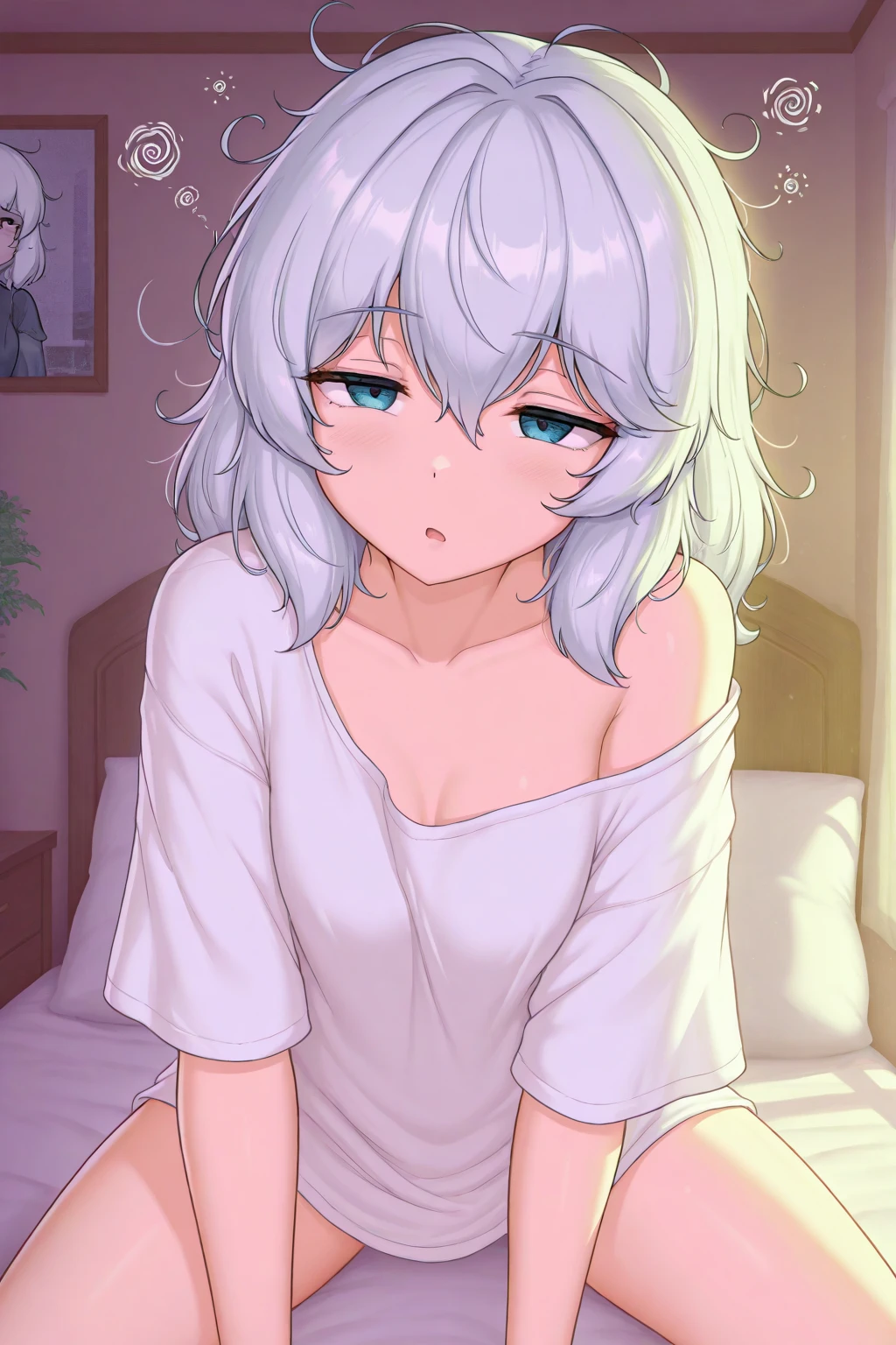 A young girl, with messy hair, a sleepy face, wearing only a nightgown, no panties, with her pussy showing, sitting on the bed,As if I just woke up