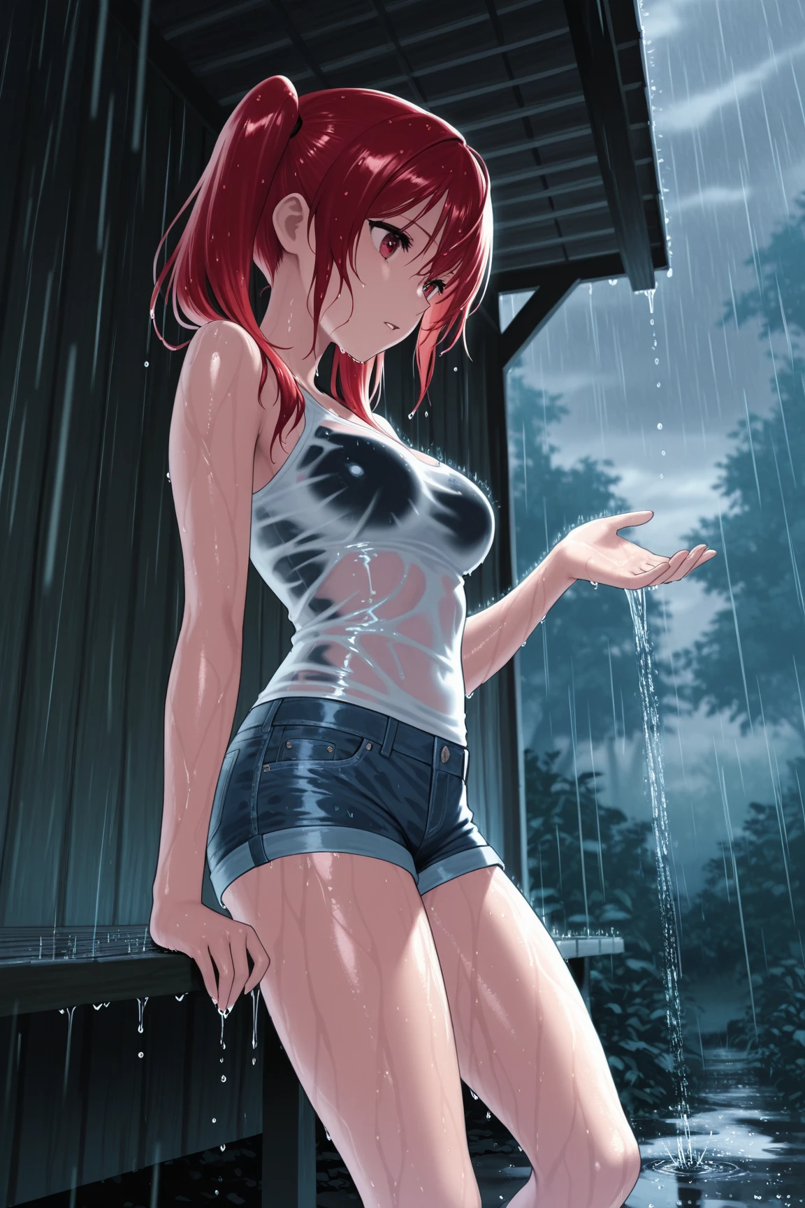 Portrait Of Stunningly Beautiful Girl, Petite, Red Hair, Delicate Beautiful Attractive Face With Alluring Black Eyes, Sharp Eyebrows, Expressionless, Blush, Closed Mouth, Small Breasts, Blush Eyeshadow, Thick Eyelashes, Soaking Wet Clothes And Hair, See-Through Tank Top, Stiff Nipples, Open Navel, Straps Short Pants, Cloudy Rainy Sky, Standing At The Rural Village Bus Stop In The Pouring Rain, Village Gravel Road, Looking Up The Sky, Puddle Water, Rainy Foggy Rustic Scenery, (Highest Quality, Amazing Details:1.25), (Solo:1.3), Brilliant Colorful Paintings