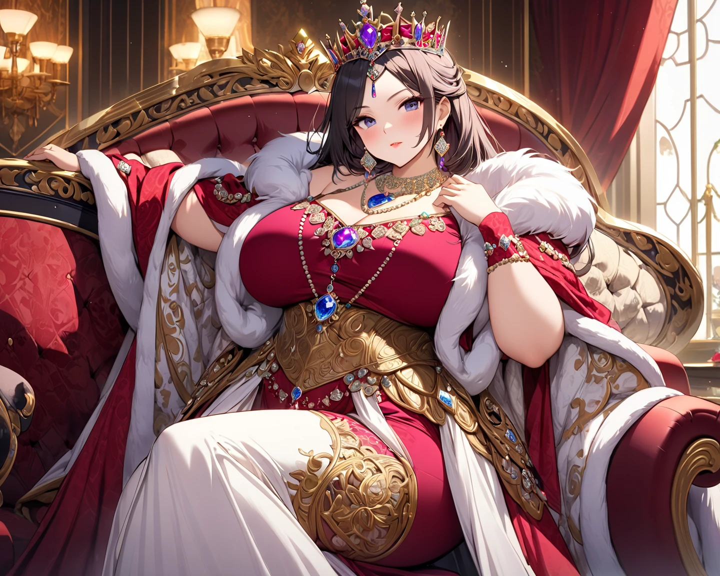 a woman with exaggerated large breasts, confident sitting on a throne, wearing a gorgeous red dress, a large ornate crown on her head, looking down at the viewer, detailed facial features, hyper-realistic, 8k, ultra-detailed, photorealistic, masterpiece, dramatic lighting, cinematic, oil painting、She is a Japanese woman、She is protected by the knights.