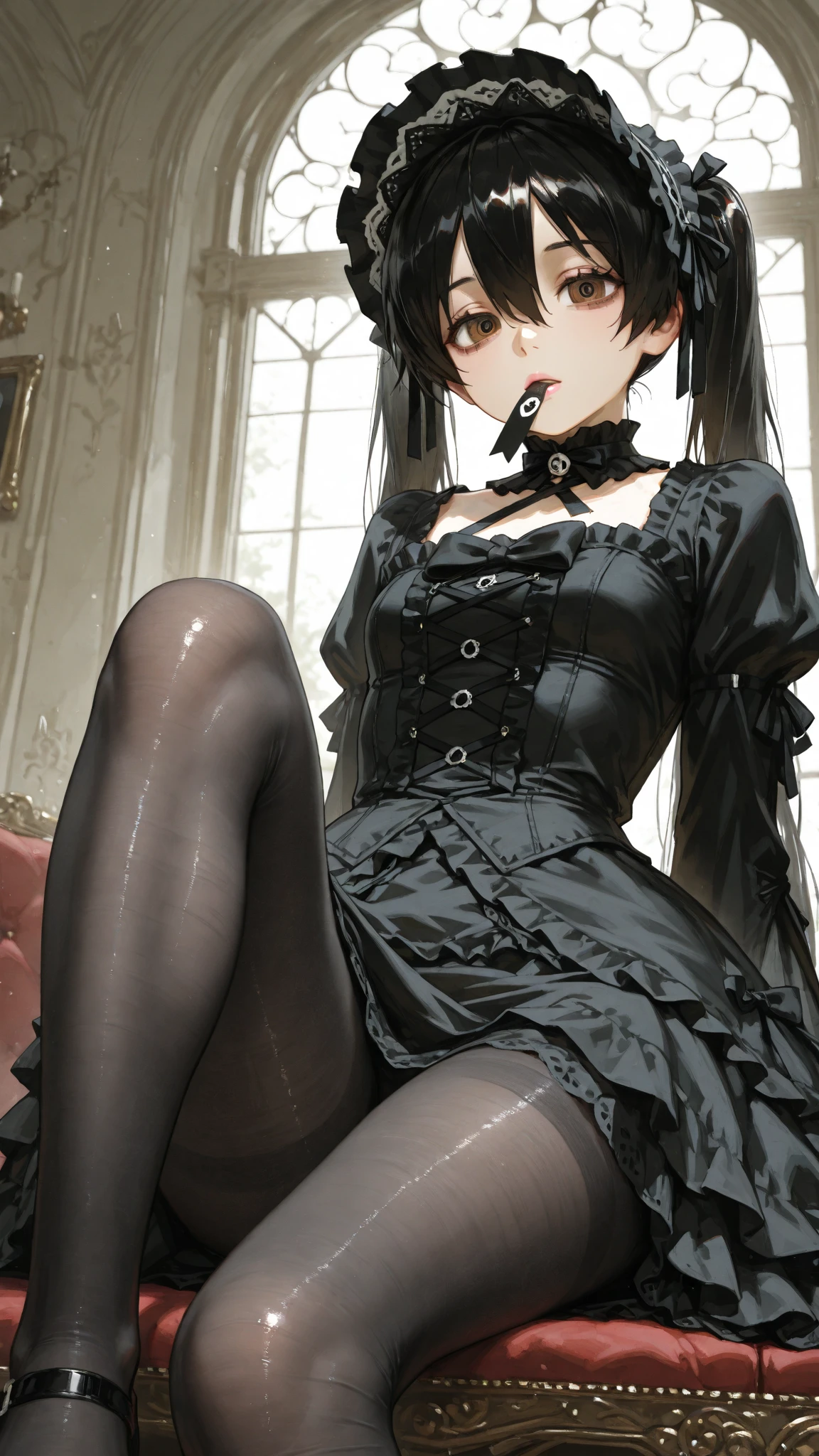animesque 、Twin-tailed hairstyle、Dark hair、Gothic lolita、knee high