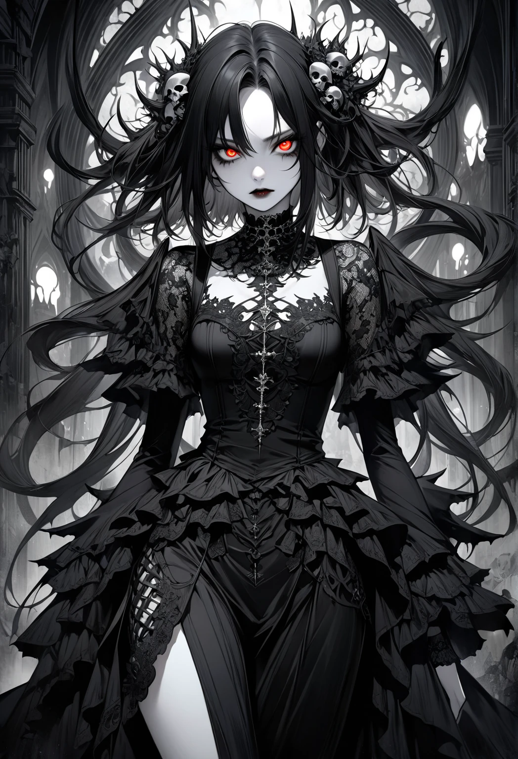v5lcn style,ink art,(Best Quality,perfect masterpiece:1.2),(black and white comic gothic core:1.1),(extreme high contrast),Dark ink,1girl in,A dark-haired,Shadow on face、8K,resolution,demon girl oni horns long hair black angel wings,sexy gothic outfit,red blood splattered