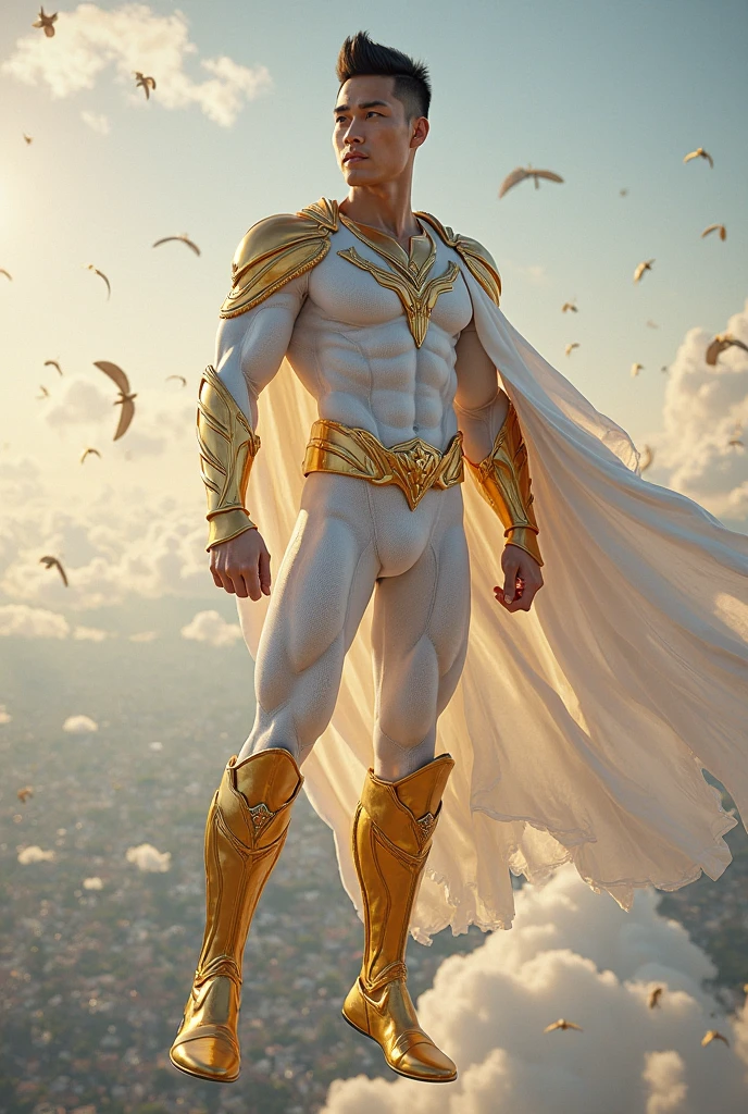 "A muscular sorcerer with short blonde hair, adorned in a silk metallic jockstrap, tall boots, and a flowing white cape, exuding both strength and beauty, captured in a heroic pose from a low angle."