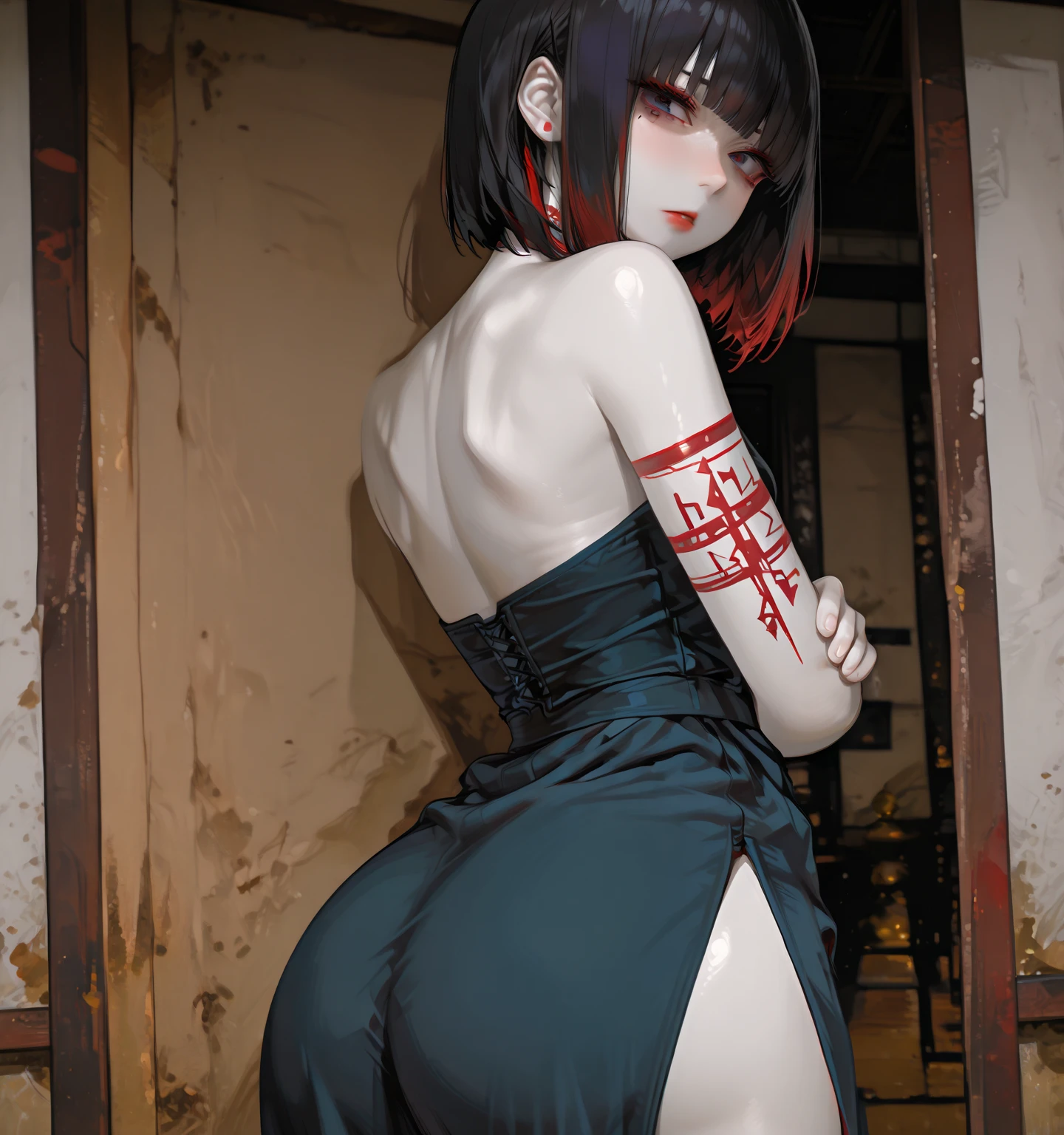 Sexy female nurse with black hair,Wearing a one-piece skirt,Side and back views,Sitting,Clothes that wrap tightly around the body,4K,Q version characters,Full body picture。