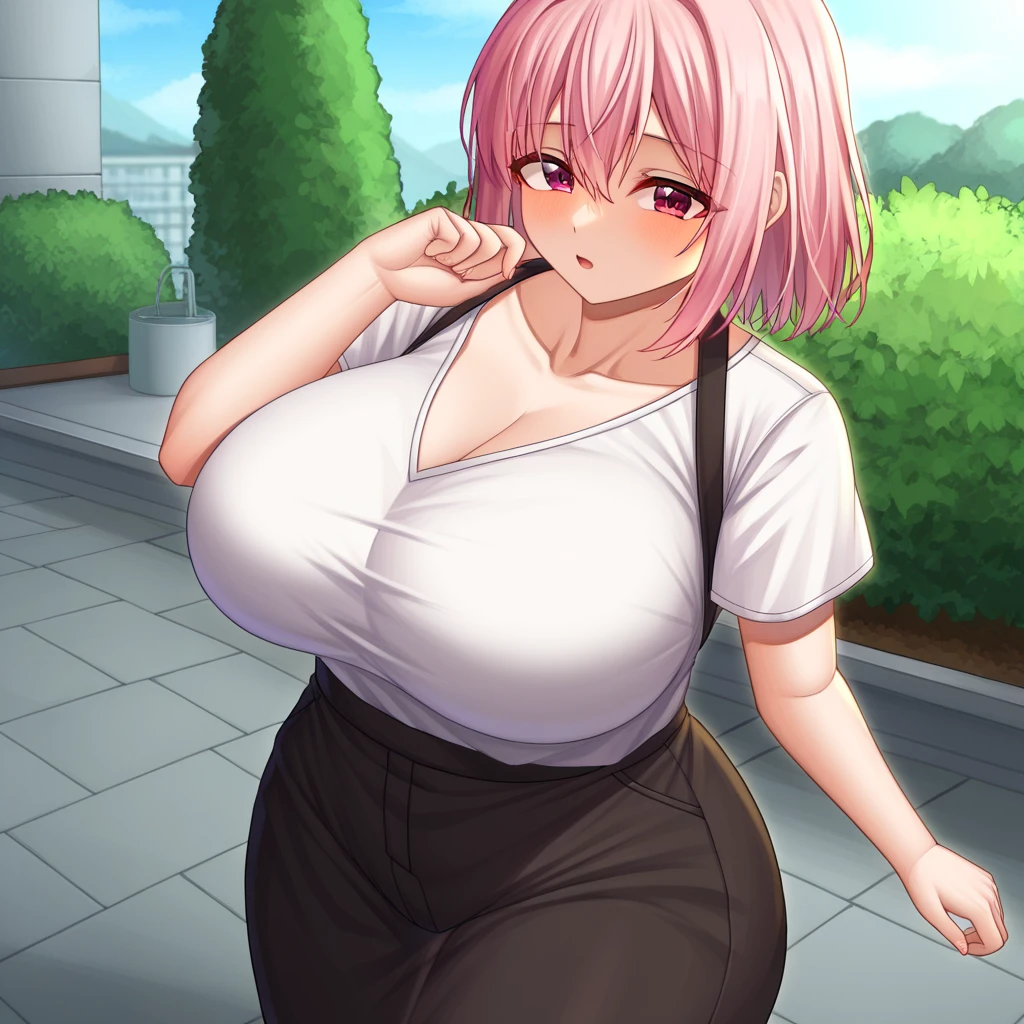 cute soft anime woman, sweet fluffy girlfriend, mature, big breasts, wearing a sweater, fat, wide hips, soft, fat, chubby, pink hair, tall, shy. pink sweater. 