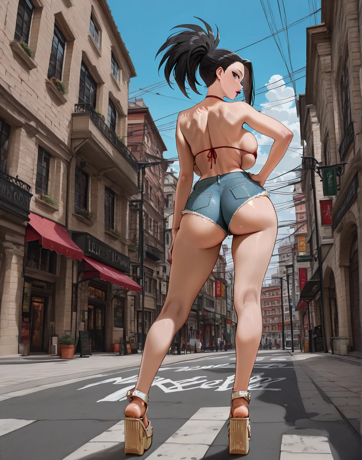 8K, 4k, highest quality, High resolution: 1.2), (masterful, realistic, Photoreal: 1.4), 1 woman, Older sister's atmosphere、beautiful face, she has a bright smile、Shining Lipin Eyes, beholder, Fair skin, white skin: 1.5), Fine complexion, big, big, Marron-colored hair、headband bangs, , young, s asack-view、big ass、super breasts、H cup、lower hair、Rear view、exposed nipples、T-back that digs into your butt、thong lingerie、wear a white thong、white langerie、emphasize the buttocks、white collar calvin klein thong、cute long hairstyle、Leg covers、wear high heel boots、A woman standing in front of a giant robot、There's a giant robot standing in the background、giant mech pilot、