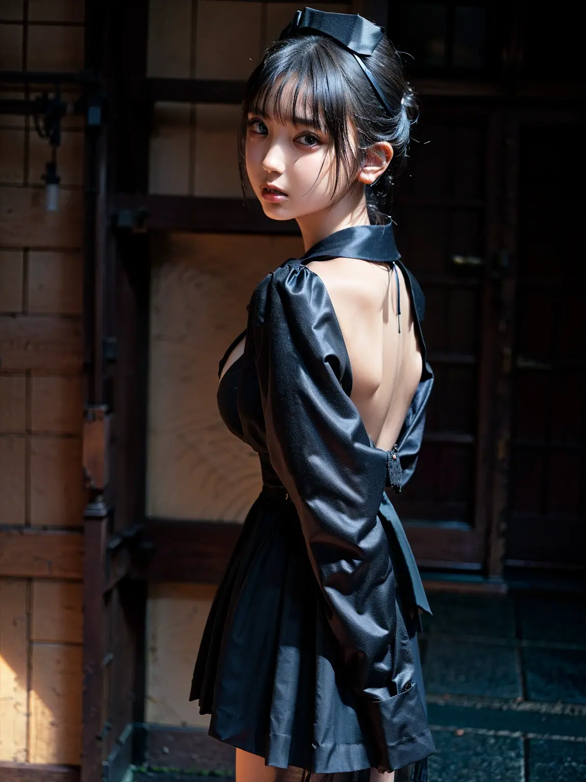 (41k4:0.9), (aika-sawaguchi:0.9), masterpiece, Best Quality, 8K, Raw photo, (wearing maid uniform:1.6), top-notch quality, masterpiece, (arms behind back:1.3), solo, (1 pretty Japanese girl), (wearing black stockings:1.2), exceptionally detailed RAW color photo, professional-grade photograph, (facing viewer:1.7), (Realistic, Photorealistic:1.37), (highly detailed skin:1.2), Ultra-high resolution, (lens 50mm), (masterpiece, top-quality:1.3), (hyper realistic:1.35), (Photorealistic:1.45), (Realistic:1.4), (looking at viewer:1.4), (1 beautiful girl), 21 years old, Japanese idol, supermodel, pale skin, (slim:1.3), (slim body:1.25), (slender body:1.25), (narrow waist:1.25), pretty face, (large breasts:1.15), (deep cleavage:1.2), gravure idol