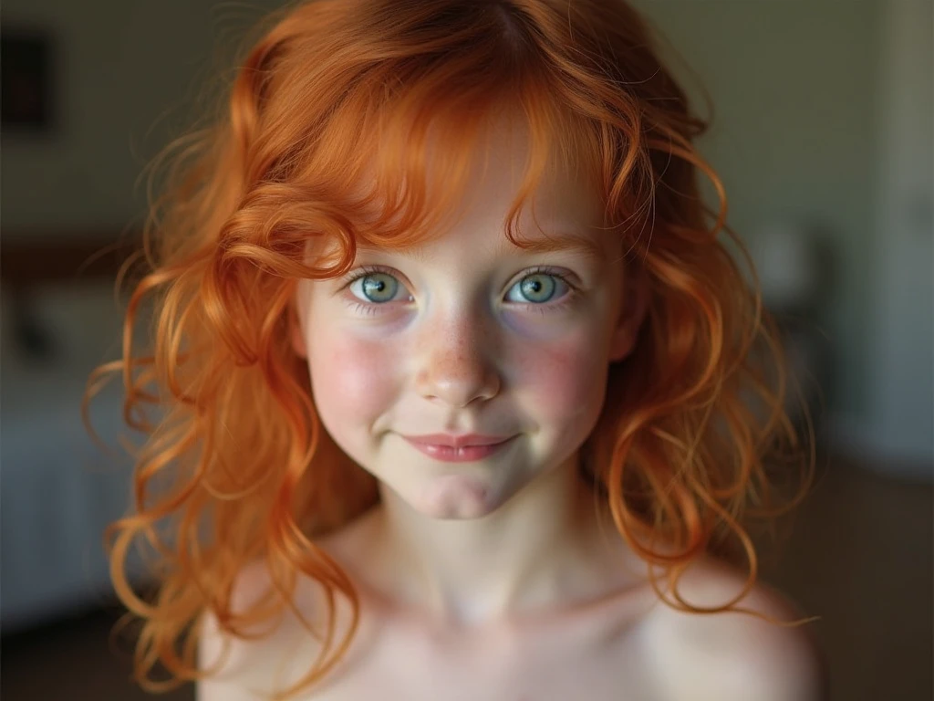 cute 12 year old girl, slim figure, revealing outfit, cute clothes, skimpy clothes, photo taken from above, detailed face, blue eyes, long eyelashes, cute expression, cozy living room, photorealistic, 4k, high quality, red hair, pronounced cheekbones