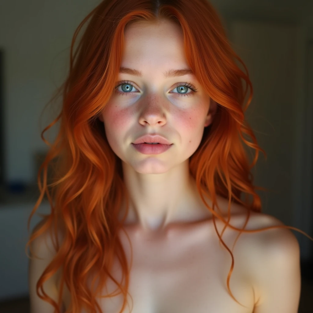 Red-haired girl with white skin and blue eyes 