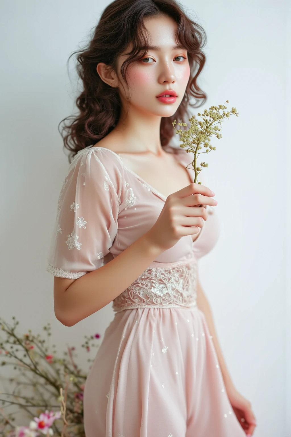 there is a woman standing in a room with a dress on, flowy, Summer, florals, sleepwear, frock, Very cute, nightgown, robe, white!!, Floral Dresses, Vintage atmosphere, Full length view, A flowing dress, dreamy style, airy, romantic dress, wearing a flowing sundress, Sheer, Vintage Glow