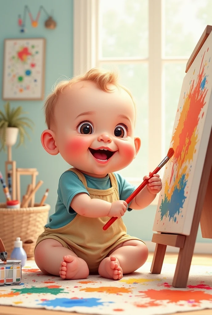 Image of that same young man as a baby painting 