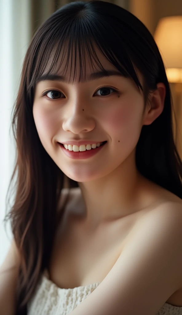 (((upper body shot))),(((nipples))),(((Nude))),Ultra-high resolution,big eyes,((brown eyes)),Japanese,(a girl),(1 girl),((17 years old)),(cute),pretty,(((facing at viewer))),(arms behind back),((indoors)),grin