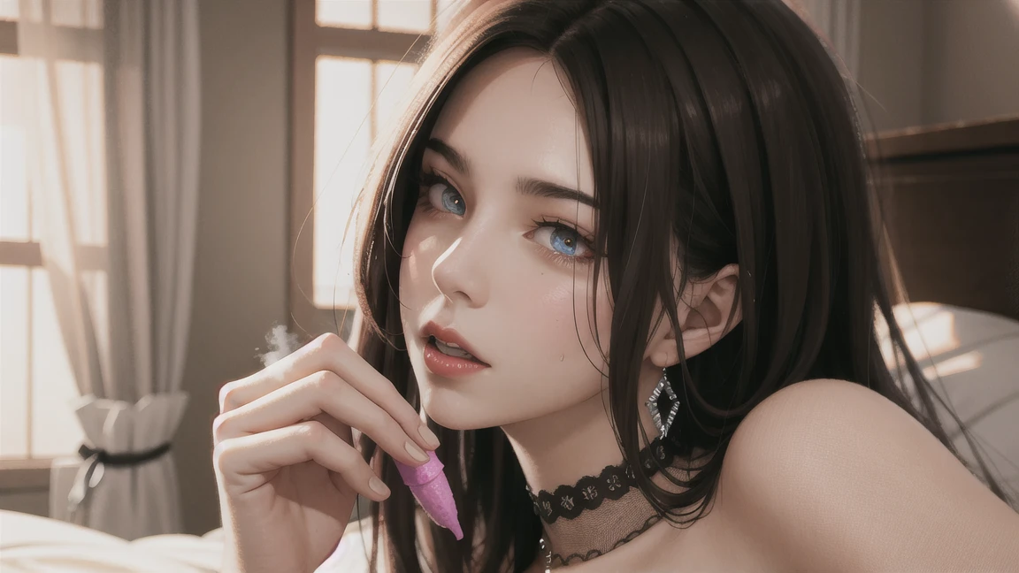(Highest quality, masterpiece: 1.3), : 1, sexy: 1.5, Tifa Lockhart　(Wet body: 1.2), Nightgown, beautiful, Cleavage, Ultra detailed face, Detailed lips, Detailed eyes, double eyelid, sexy, smile, 　attractive vagina　A penis grows out of the vagina　Having sex　Big penis　A lot of semen