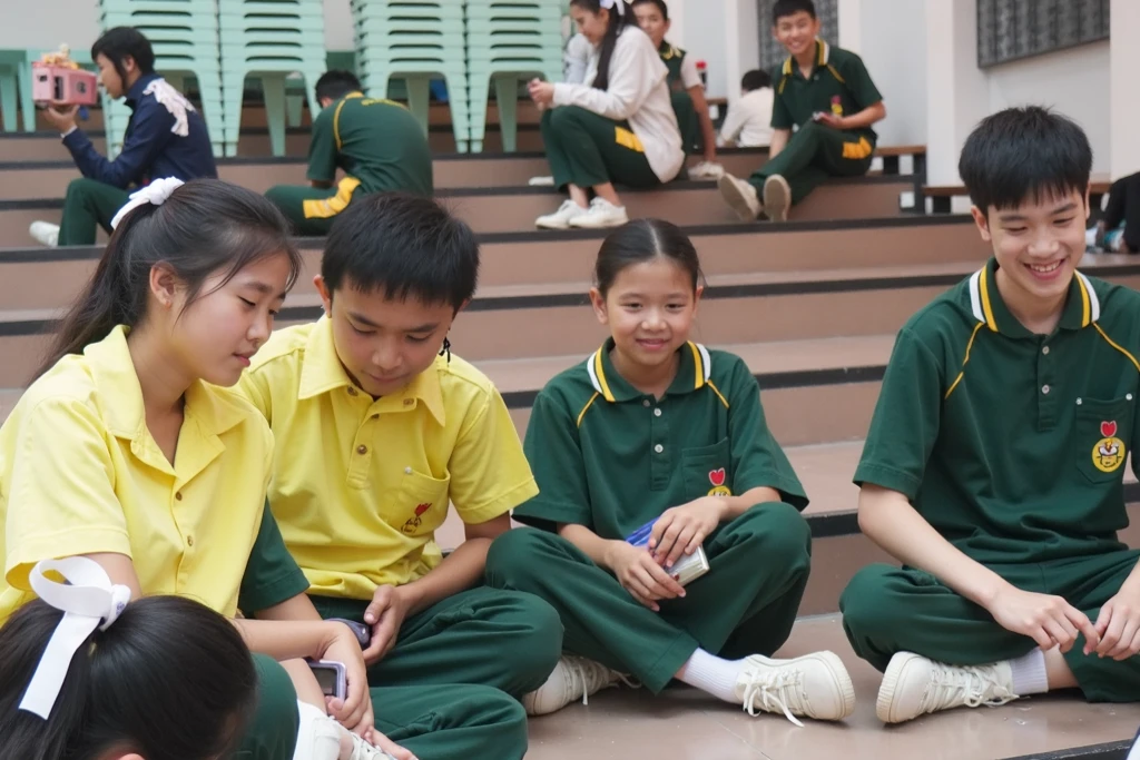 Photo of Indonesian children and Indonesian speech therapists. The therapist holds flash cards and the responds. smile. Indonesian people. 4k ultra realistic. mid shot