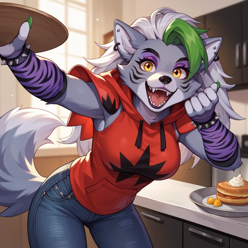 best quality, fnafroxanne, furry female, body fur, make up, wolf ears, wolf tail, grey hair, green hair, yellow eyes, orange background, , wearing apron, nsfw, rule 34,"pov" inviting, hands out, perspective, joyful, eyes closed, grinning, loving, thick thighs