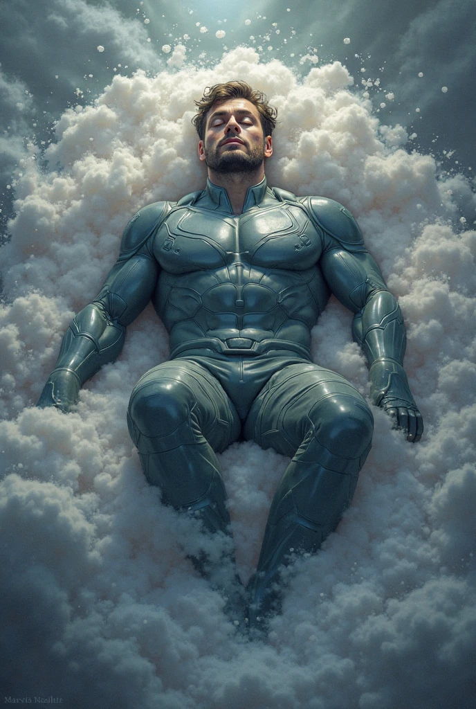 Tall, muscular man sleeping and lying down,senior police officer,character design(Resident Evil - Chris Redfield,Chris Redfield)Wearing a shiny milky white wetsuit,High leather texture,Regular symmetrical texture pattern,Sleeping in luxurious bedroom, Comfortable and soft large sofa,expression sad,Male hero with deep and charming right eye brown pupil,heroic masculine pose,Tall and burly,musculous!Sexy and attractive leg muscles,tall, Burly, and strong, Wearing a shiny milky white wetsuit, Super gain and cool, commission for high resolution, Big feet wearing milky white boots,Charming strong man,Bright sunlight shines on the body,Reflective and shiny