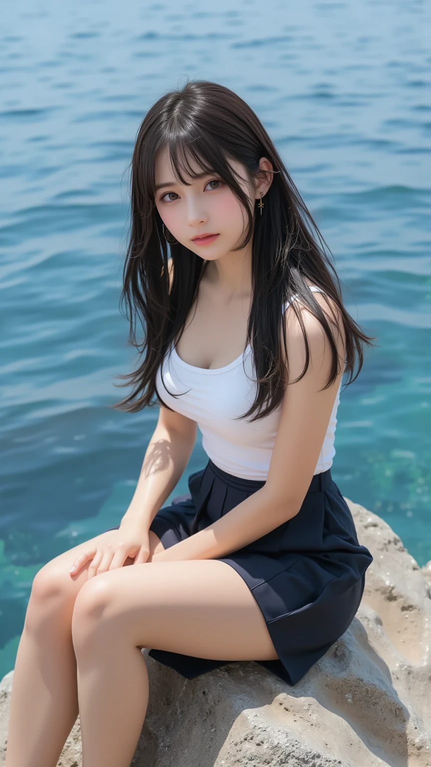 ((最high quality, 8k, masterpiece: 1.3, Ultra HD, high quality, 最high quality, High resolution, realism)) 、Very beautiful 18 year old Japanese girl、Hair color is black、black eye、Medium Hair、Straight hair、smile、((Erect nipples)),A slim but well-proportioned muscular body、Athlete-like figure、I't'I'I don't want my head to disappear from the screen...、sit on a high breakwater on the beach、The blue sky is beautiful、There's a cloud at the entrance、that'summer、I'm wearing a sailor suit、Wearing a navy blue pleated skirt、Wear loafers、There is a road in front of the breakwater..、There is a sign indicating the bus stop.、The sea is beautiful、The horizon looks beautiful、I can see an island off the coast、On the embankment((Doctoral No..Slump Arale-chan))run sharply,((13-year-old girl)), ((slim, Narrow waist, Round ass,Thin thighs, Thin arms))