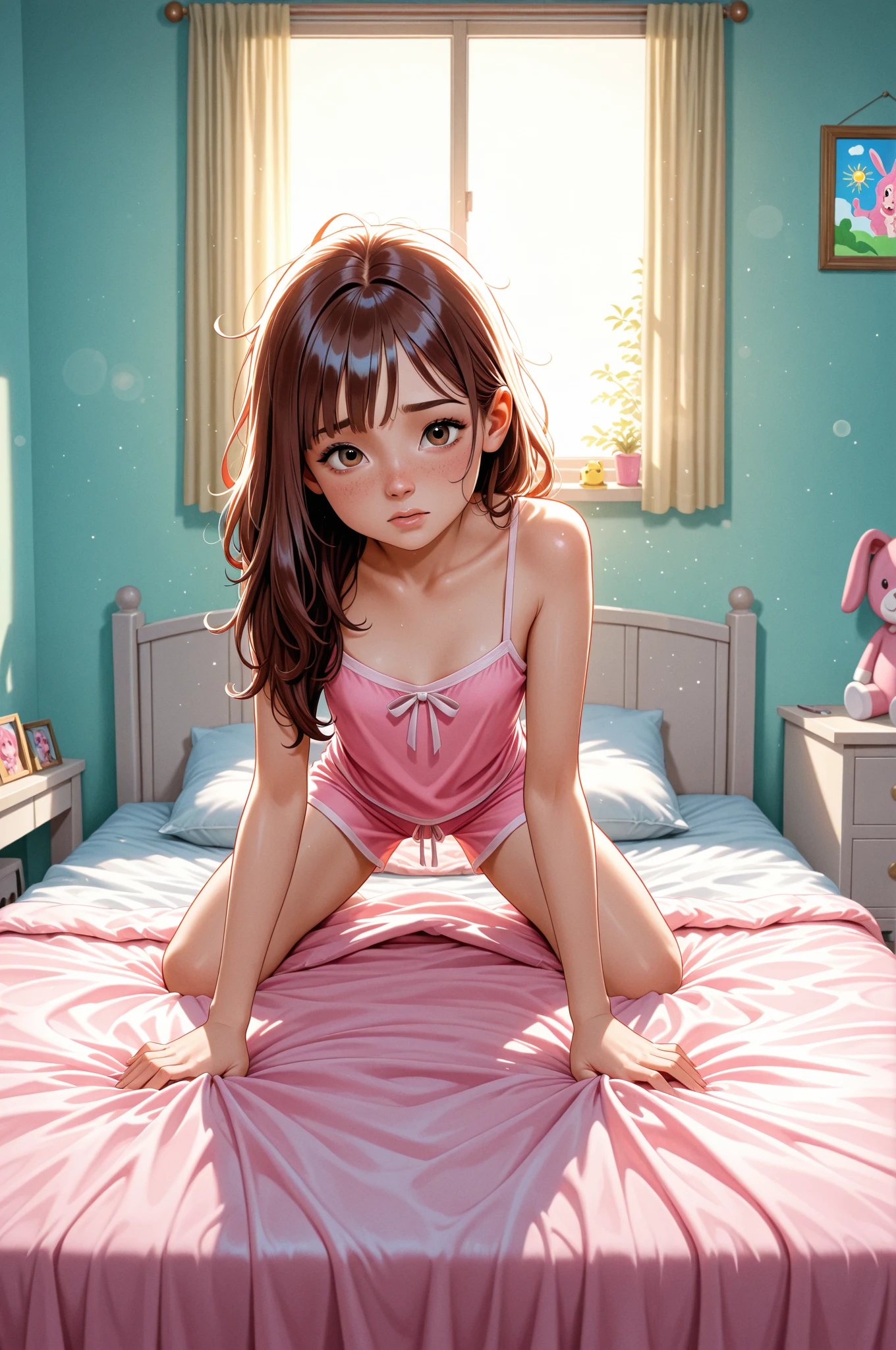 Teenage bunny girl dirty room at night, retro old pink bed, bras, panties, underwear scattered, PlayStation 5 and controller, PC and monitor, bunny art on display monitor, window, pink and blue light entering the room, junk food, cup noodle and DRINK jars and cans are scattered, trash cans are overflowing. The walls are bare with cables and wiring, only the appliances are futuristic, sparkling dust is flying around the room, night, HD, 8K, masterpiece, real texture.