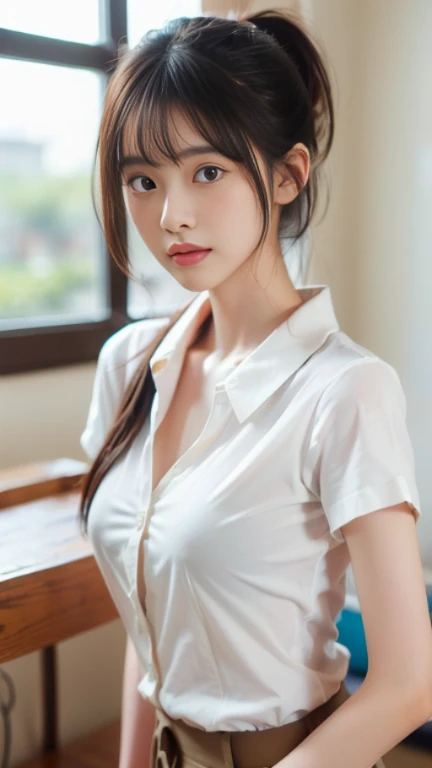 ((top quality, 8k, masterpiece: 1.3, raw photo)), Sharp Focus: 1.2, (1 aespa girl: 1.2), (Realistic, Photorealistic: 1.37), (face focus: 1.1), cute face, small breasts, flat chest, (short messy hair: 1.1), (white business shirt: 1.1), standing pool side, arms up, water shower, wet body, from below, sunlight, movie lighting