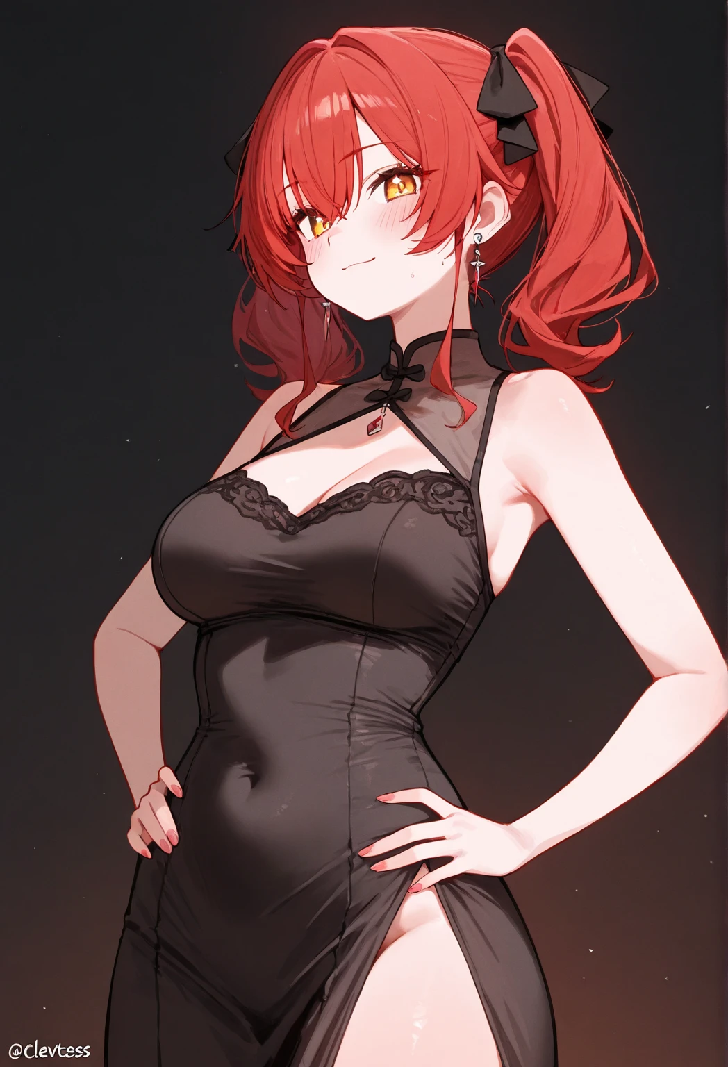 a beautiful girl with red hair wearing a black dress, detailed facial features, bob haircut, full body illustration, woman wearing a long black and red coat, solo character, white background, anime style, highly detailed, photorealistic, 8k, best quality, masterpiece, blue eyes, short hair