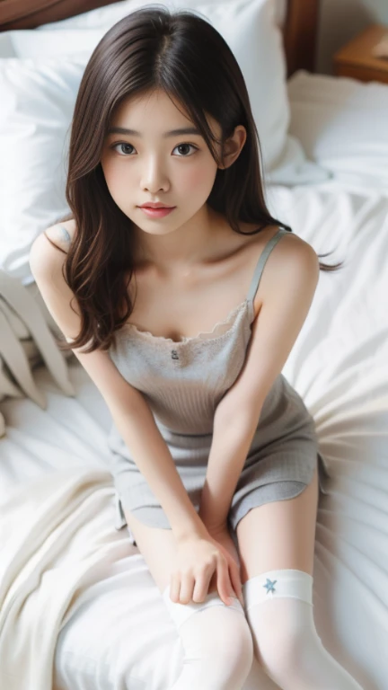 ((highest quality)), ((Photo quality)), (detailed), Perfect Face,11 years old,,summer,camisole,bed,Thin arms,White skin