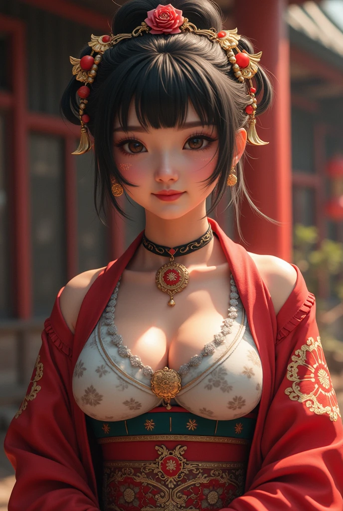 1girl, strapless dress, upper body, huge breasts, Indonesia atmosphere, (((amazing intricate finely detailed)))