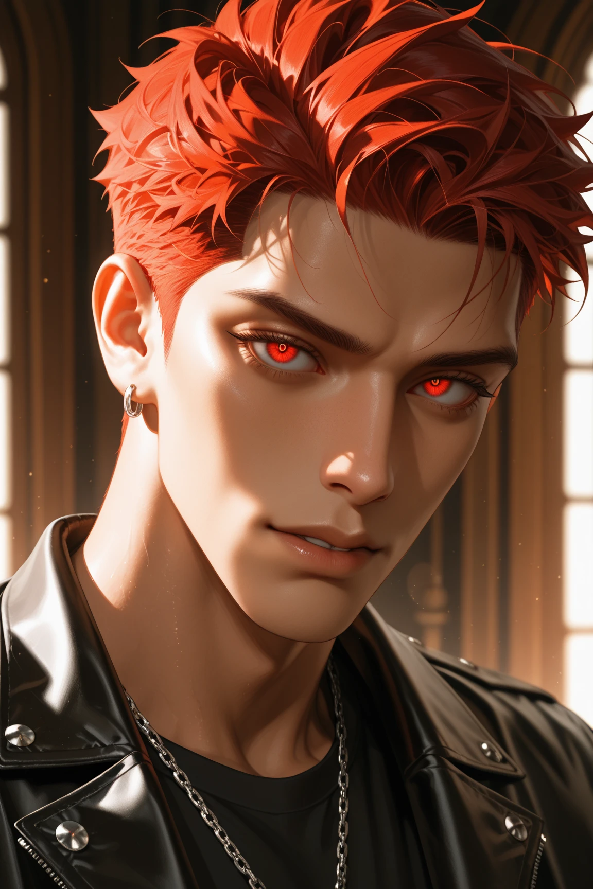 Create a face card portrait for a character description capturing the character's face. A young evil 25 year old male character with spiky red unkempt hair, red evul eyes, shirtless, he's powerful, evil laughter, laughing hysterically, dark theme, detailed background of a graveyard, a scary graveyard in background, dark blue colors, very close up picture with face, detailed, 4k, only face in the picture, close up shot of face, do not show below the neck, extremely close up shot, straight portrait, Ensure the focus is on a straightforward, centered composition with a clear, direct gaze