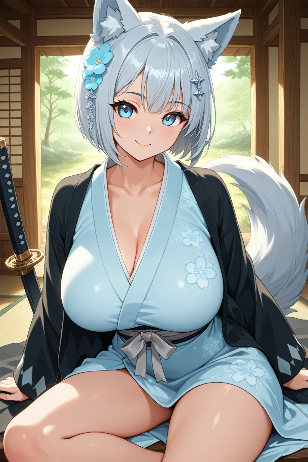 (top-quality、in 8K、32K、​masterpiece、nffsw、超A high resolution、Impresionismo、Photorealsitic:1.2)、Full body, (blue open sky、jpn、torii gate、shrines:1.4)、deep-shadows、beauitful face、blurry backround、Colossal tits、20-year-old beautiful girl、shinny skin, (１The fox tail of the book grows:1.3)、Beautiful silver hair、short-hair、(poneyTail:1.2)、Deep green eyes、Fox ears、shrine maiden clothe、Red Hakama、Naughty smile、Opening Mouth、(On all fours、PAW Pose:1.2)、