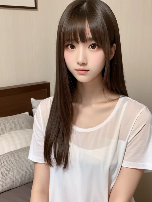 Masterpiece, best quality, high resolution, an extremely delicate and beautiful, night, hotel room, on the bed, school uniform, light smile, (()), (((small breasts))), long hair, blunt bangs, young woman, (((young face))), (((pretty face))), (pretty japanese woman), detailed pretty face, perfect face, realistic, photorealistic