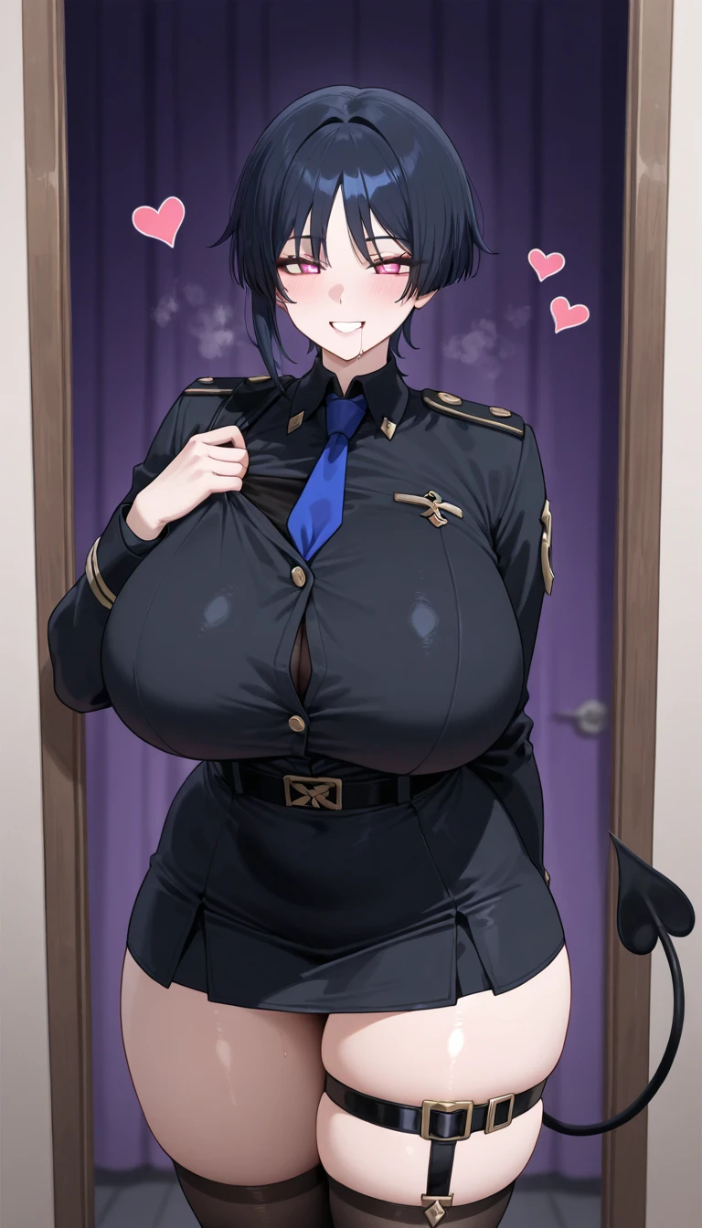 masterpiece, highest quality, High Resolution, alone, Are standing, Adult female, Light blue clothes, Police uniform, Black Hair, Bat Wings, short hair, blue eyes, Wicked Smile, Wicked Smile, mini skirt, Police uniform, prison, prison、Camel Toe、Giant tit、Nipple Puffs、Cleavage、Plump、Super big breasts、Super big butt
