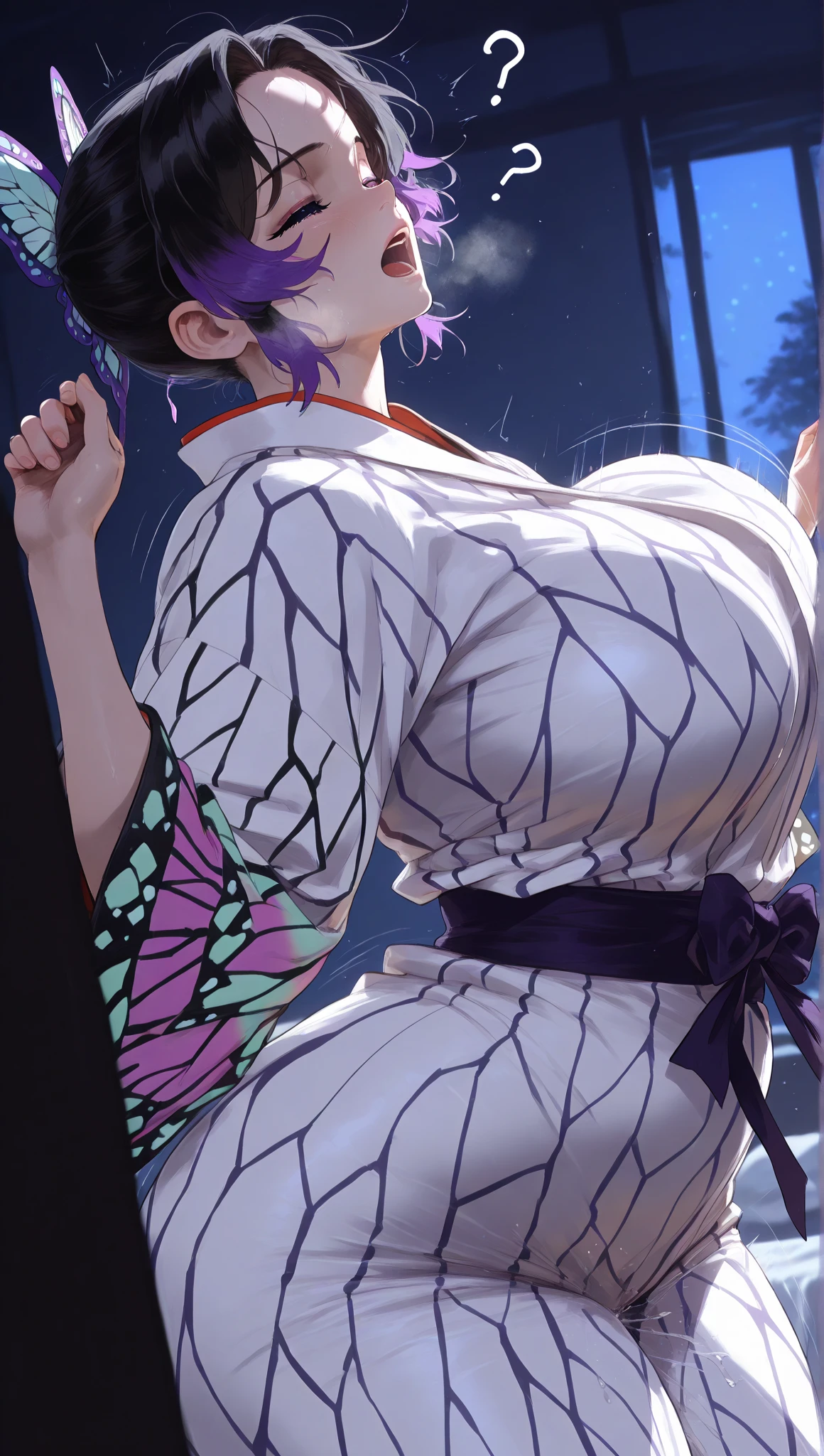 1girl, implied sex, head back, hands up, upper body, (motion lines:1.2),
BREAK woman  , shinobu  , short  hair, ear, black hair with purple tip,  duel tone hair, no hair on forehead, bare forehead, middle split hair, butterfly hair ornament , detailed cute purple eyes), curled eyelashes, (large breasts:0.8), voluptuous, curvy, chubby body, thick thighs, wide hips, narrow waist 
beautiful detailed eyes, beautiful face, 
  Kimono , bouncing breasts,
embarrassed, frown, (closed eyes:1.2), open mouth, heavy breathing,
bedroom, night, dark room, perfect lighting, moody lighting,
masterpiece, best quality, amazing quality, very aesthetic, absurdres, newest, (realistic:1.2), super detailed, extremely detailed, nsfw, explicit, side view 