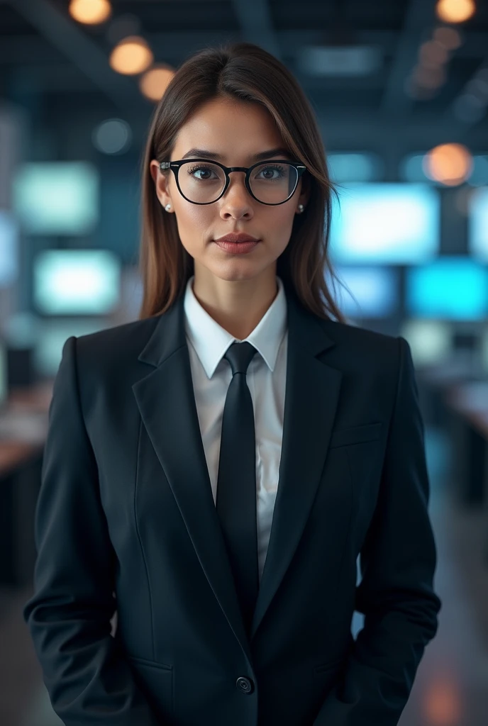 Ingrid, curly black hair, hair bun, brown eyes, red glasses,black suit, slacks, looking serious, candid shot, typing, on keyboard, standing, from_behind, dark room, high quality, masterpiece, <lora:IngridHunnigan-10RE4R:.8>