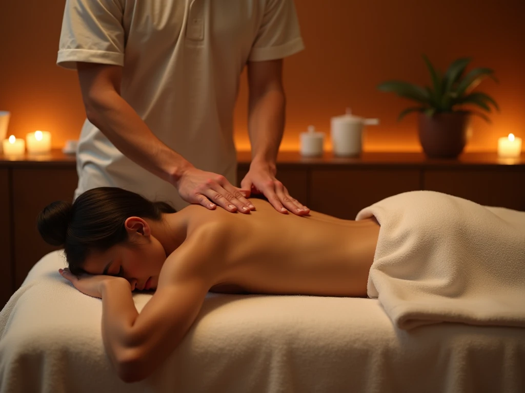 Massage therapist giving a Thai massage to a man, bright and airy room, Room with double bed