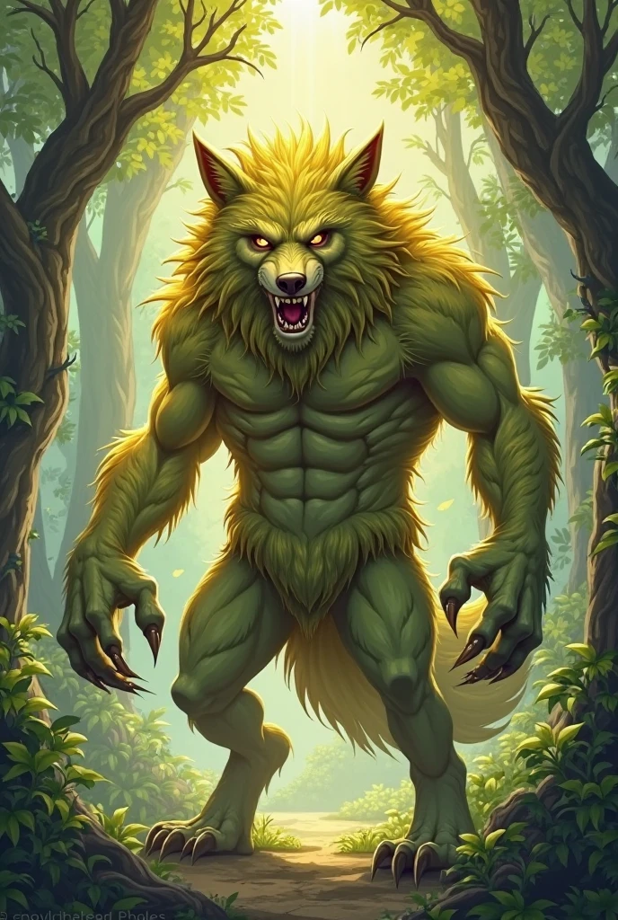 best quality, masterpiece, highres, detailed, realistic, Werewolf, monster, brown fur, jojo pose, forest, night, full moon,