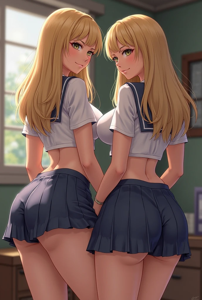 A highly detailed and photorealistic image captures a stunning junior high school student, adorned with blonde hair cascading down her back. Dressed in a micro bikini, she flaunts her large, ample breasts, teasingly revealing a hint of her nipple. With legs spread wide and lifted high, she exudes an air of confidence and sensuality. The moment of ecstasy is etched on her face, eyes closed in pleasure as a bead of sweat trickles down her forehead. The composition of the image is masterful, with a focus on her glamorous figure and the artistry of her orgasmic expression. The micro bikini leaves little to