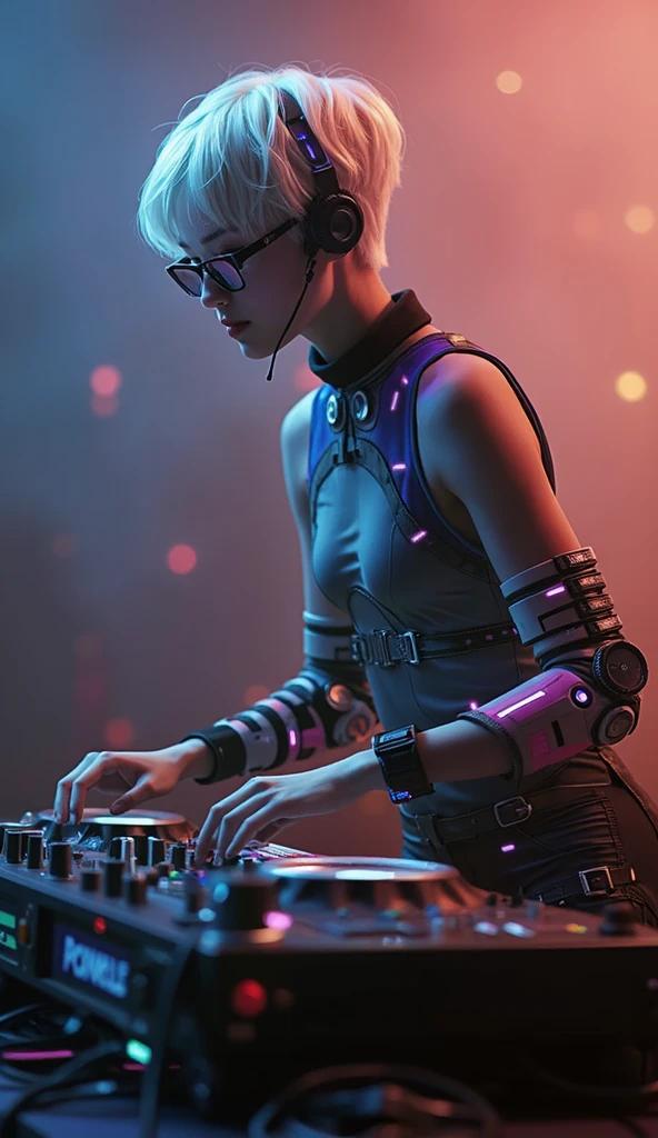 wide shot, hard light, [dynamic angle], fisheye lens, highres, ultra detailed, realistic BREAK In a dimly lit club, a club DJ plays EDM while an enthusiastic crowd gets hyped up. The DJ skillfully manipulates turntables and various panels, creating an electrifying atmosphere.