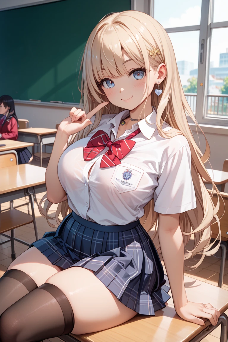 anime artwork, score_9, score_8_up, score_7_up, score_6_up, score_5_up, score_4_up, r,Camie Utsushimi, light brown hair, dark brown eyes,, breasts, , big breasts, at school, (school uniform:1.2), sit on desk, cap, she is 24 years old, striped panties, rating nsfw, wet whirt, smile,horny