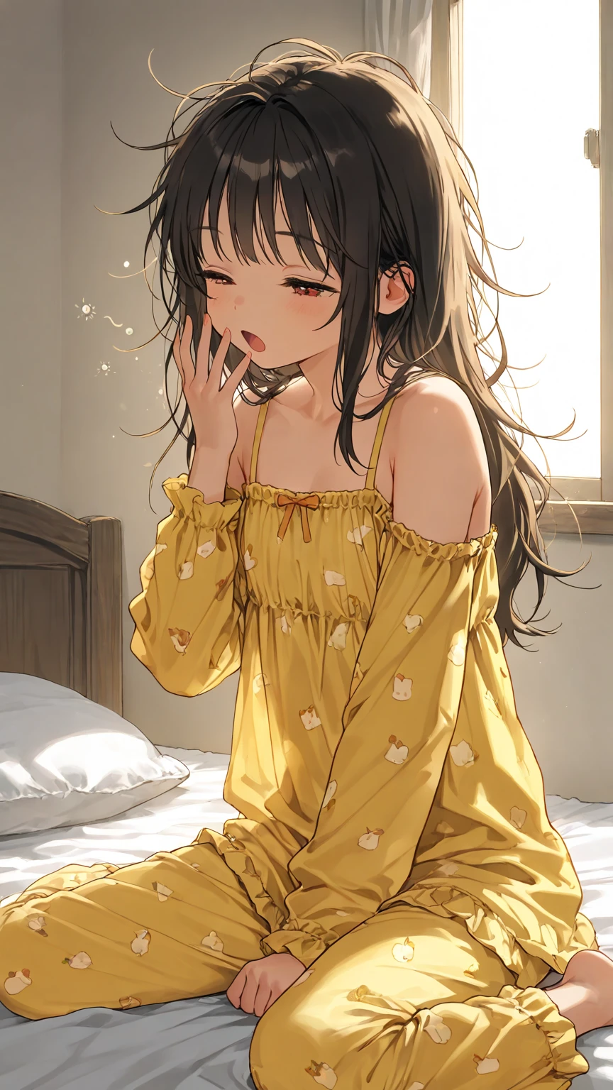 (Top Quality, High Resolution, Masterpiece), ((Perfect Anatomy)), Cute Girl, Chibi, Brown Hair, Black Hair, Long Hair, Brown Eyes BREAK Pastel yellow nightwear, deluxe bedroom, night